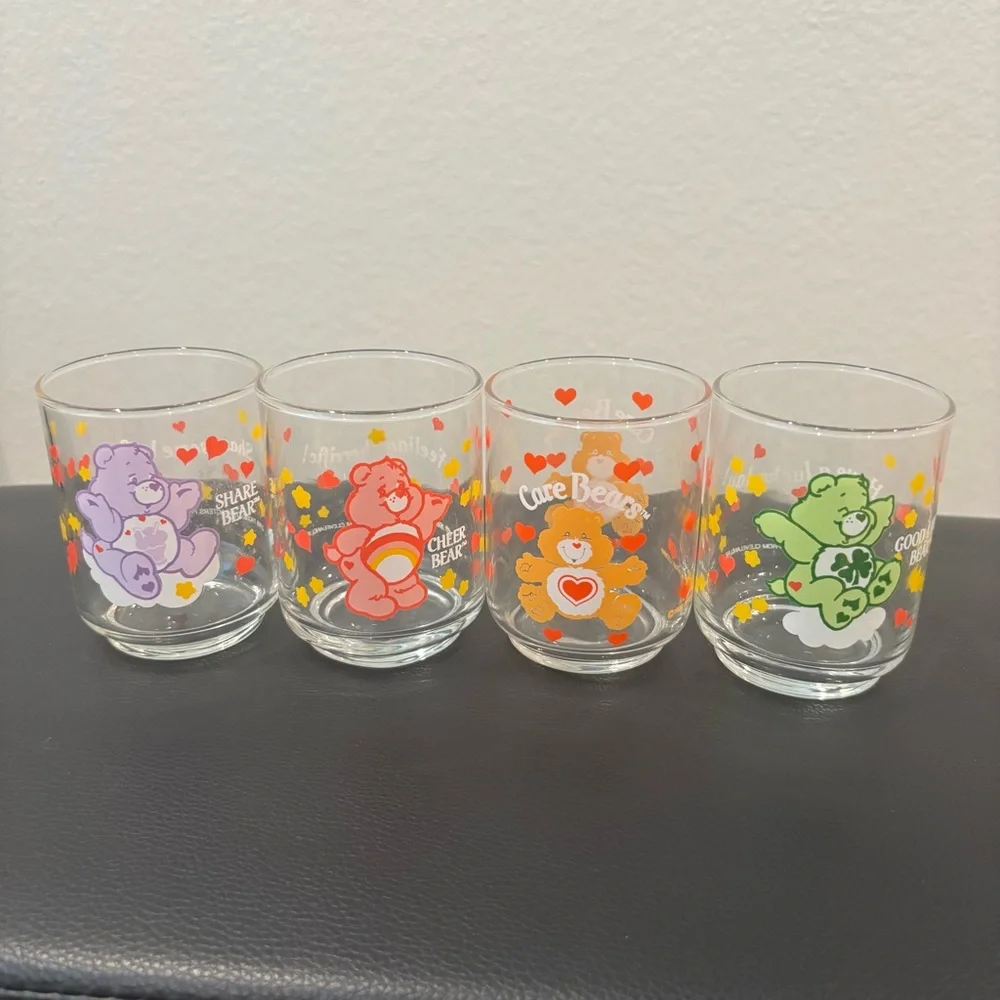 Vintage Care Bears Colorful Glass Set Share Bear Cheer Bear Good Luck Bear - Picture 1 of 8